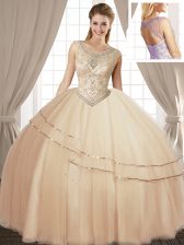  Scoop Champagne Sleeveless Tulle Lace Up Sweet 16 Dresses for Military Ball and Sweet 16 and Quinceanera