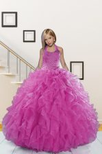 Hot Selling Halter Top Pink Ball Gowns Beading and Ruffles Girls Pageant Dresses Lace Up Organza Sleeveless Floor Length