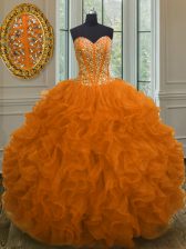 Nice Orange Red Sleeveless Organza Lace Up Quinceanera Dress for Military Ball and Sweet 16 and Quinceanera