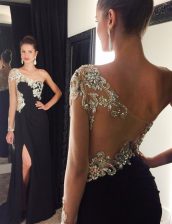 Classical Mermaid Black One Shoulder Neckline Beading Prom Evening Gown Long Sleeves Side Zipper