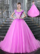  Straps Beading and Appliques Quinceanera Gown Fuchsia Lace Up Sleeveless With Brush Train