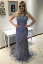  Mermaid Blue Tulle Backless V-neck Sleeveless With Train Prom Evening Gown Sweep Train Beading and Appliques