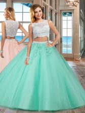 New Arrival Tulle Bateau Sleeveless Side Zipper Beading and Appliques Quince Ball Gowns in Apple Green