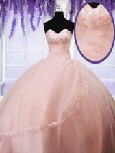 Hot Sale Floor Length Baby Pink Quinceanera Dress Tulle Sleeveless Beading and Appliques