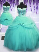 Romantic Three Piece Sleeveless Tulle Floor Length Lace Up Quinceanera Gowns in Aqua Blue with Beading and Bowknot