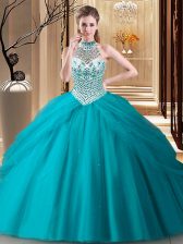 Artistic Pick Ups Brush Train Ball Gowns Sweet 16 Dress Teal Halter Top Tulle Sleeveless Lace Up