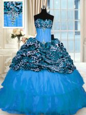  Printed Sleeveless Beading and Ruffled Layers Lace Up Quinceanera Dress with Baby Blue Sweep Train