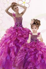Custom Design Sweetheart Sleeveless Quince Ball Gowns Floor Length Beading and Ruffles Fuchsia Organza