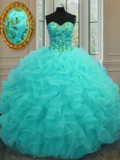 Custom Design Aqua Blue Sweetheart Lace Up Beading and Ruffles 15th Birthday Dress Sleeveless
