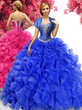  Royal Blue Ball Gowns Beading and Ruffles Sweet 16 Dresses Lace Up Organza Sleeveless With Train