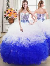 Exquisite Blue And White Ball Gowns Organza Sweetheart Sleeveless Beading and Ruffles Floor Length Lace Up Vestidos de Quinceanera
