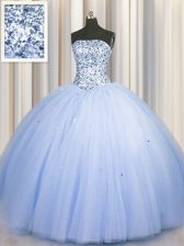 High End Sequins Big Puffy Floor Length Blue 15th Birthday Dress Strapless Sleeveless Lace Up