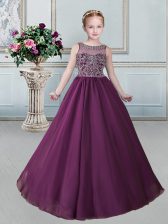  Burgundy Organza Lace Up Scoop Sleeveless Floor Length Little Girls Pageant Dress Wholesale Beading