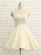 Delicate Champagne Prom Dresses Prom with Lace Scoop Cap Sleeves Zipper