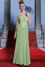 Custom Designed Column/Sheath Dress for Prom Olive Green Spaghetti Straps Chiffon Cap Sleeves Ankle Length Side Zipper