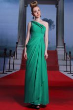 Pretty One Shoulder Turquoise Empire Beading and Ruching Prom Party Dress Side Zipper Chiffon Sleeveless Floor Length