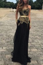 Attractive Strapless Sleeveless Prom Gown Floor Length Lace and Appliques Black Chiffon