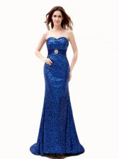  Mermaid Chiffon Sweetheart Sleeveless Brush Train Lace Up Beading and Belt Dress for Prom in Royal Blue