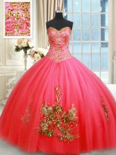 Best Coral Red Sweet 16 Quinceanera Dress Military Ball and Sweet 16 with Beading and Appliques and Embroidery Sweetheart Sleeveless Lace Up
