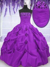 Gorgeous Taffeta Strapless Sleeveless Lace Up Embroidery and Pick Ups Quinceanera Gowns in Eggplant Purple