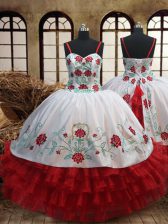  Ruffled Floor Length White and Red Little Girl Pageant Dress Spaghetti Straps Sleeveless Lace Up