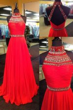 Most Popular Halter Top Sleeveless Evening Dress Floor Length Beading Red Chiffon