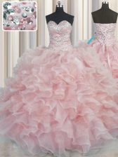 Colorful Bling-bling Pink Quinceanera Gowns Military Ball and Sweet 16 and Quinceanera with Beading and Ruffles Sweetheart Sleeveless Lace Up