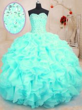  Organza Sweetheart Sleeveless Lace Up Beading and Ruffles Quinceanera Gowns in Aqua Blue