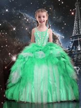  Apple Green Little Girls Pageant Gowns Party and Wedding Party with Beading and Ruffles Spaghetti Straps Sleeveless Lace Up