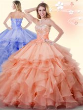  Floor Length Ball Gowns Sleeveless Orange Quinceanera Gowns Lace Up