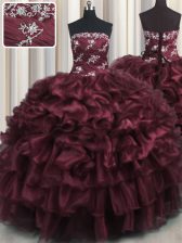 Great Wine Red Sleeveless Appliques and Ruffles and Ruffled Layers Floor Length Quinceanera Gowns