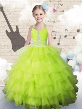  Organza Sleeveless Floor Length Little Girls Pageant Gowns and Beading and Ruffled Layers