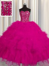  Visible Boning Tulle Sweetheart Sleeveless Lace Up Beading and Ruffles and Sequins Sweet 16 Dress in Fuchsia
