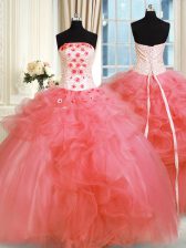 Fashion Watermelon Red Lace Up Sweet 16 Dresses Pick Ups and Hand Made Flower Sleeveless Floor Length