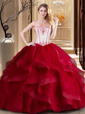 Latest Floor Length Lace Up Sweet 16 Dresses Wine Red for Military Ball and Sweet 16 and Quinceanera with Embroidery