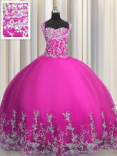 Elegant Floor Length Lace Up Quinceanera Dresses Fuchsia for Military Ball and Sweet 16 and Quinceanera with Beading and Appliques
