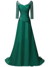 Romantic Green A-line Chiffon V-neck Long Sleeves Beading and Ruching With Train Zipper Prom Gown Sweep Train