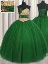 Captivating Green Ball Gowns Sweetheart Sleeveless Tulle Floor Length Lace Up Beading and Appliques Sweet 16 Dress