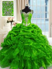  Straps Sleeveless 15th Birthday Dress Floor Length Beading and Ruffles and Pick Ups Green Organza