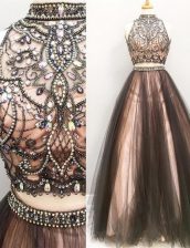  Brown Sleeveless Tulle Zipper Prom Evening Gown for Prom and Party