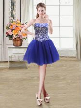 Elegant Strapless Sleeveless Dress for Prom Mini Length Beading Royal Blue Tulle