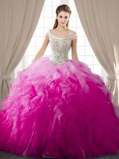  Organza Off The Shoulder Sleeveless Lace Up Beading and Ruffles Ball Gown Prom Dress in Fuchsia