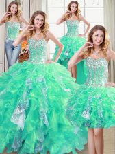 Cheap Four Piece Organza Sleeveless Floor Length Quinceanera Dress and Beading and Ruffles and Sequins