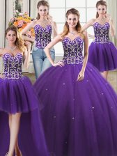 Perfect Four Piece Purple Lace Up Sweetheart Beading Quinceanera Dresses Tulle Sleeveless
