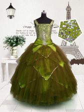  Brown Ball Gowns Beading and Belt Kids Pageant Dress Lace Up Tulle Sleeveless Floor Length