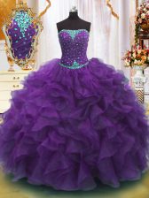 Glamorous Purple Ball Gowns Strapless Sleeveless Organza Floor Length Lace Up Beading and Ruffles Quinceanera Dresses