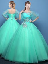  Scoop Appliques Sweet 16 Dress Turquoise Lace Up Half Sleeves Floor Length