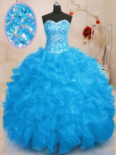 Eye-catching Beading and Ruffles and Sequins 15 Quinceanera Dress Baby Blue Lace Up Sleeveless Floor Length