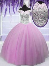 Best Selling Off the Shoulder Lilac Short Sleeves Tulle Lace Up Ball Gown Prom Dress for Military Ball and Sweet 16 and Quinceanera