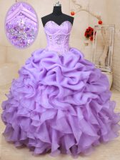 Extravagant Sleeveless Organza Floor Length Lace Up Quinceanera Gowns in Lavender with Beading and Ruffles and Pick Ups